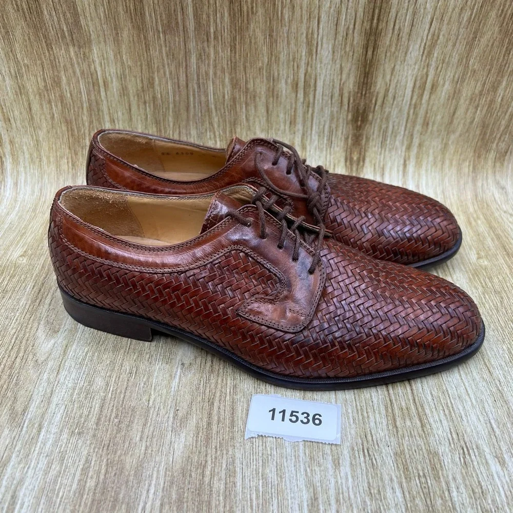 Johnston & Murphy Domani Oxford Men's 9 M Brown Woven Leather Made in Italy 6300